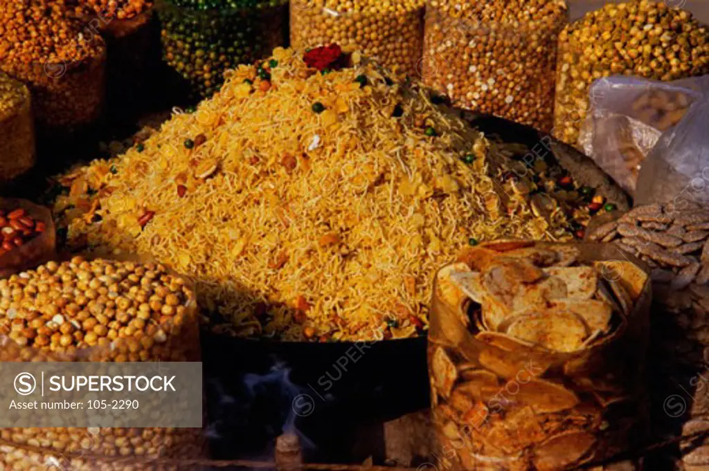 Assorted savories at a market place, Delhi, India