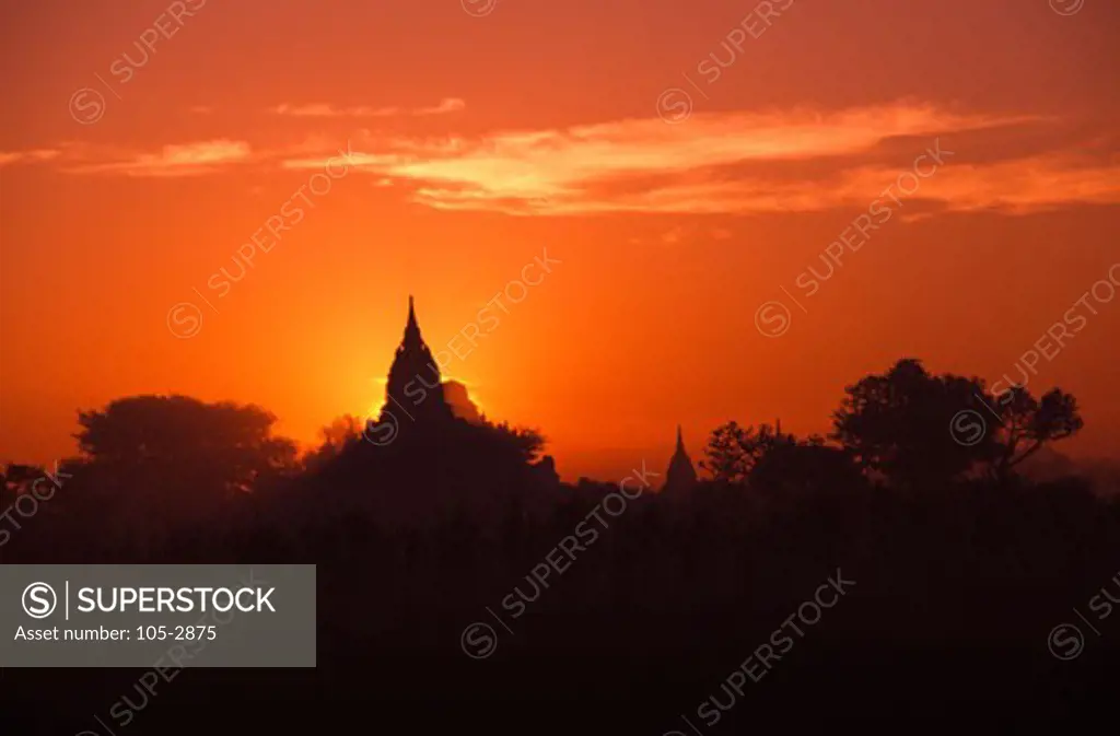 Silhouette of temple at sunset,  Burma,  Bagan,  Myanmar