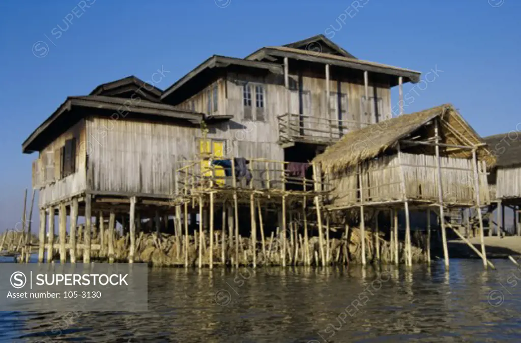 Low angle view of a stilt house on a lake, Inle Lake, Myanmar