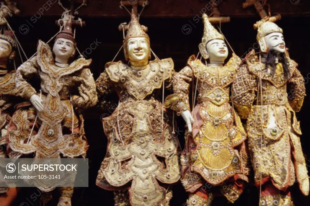 Low angle view of traditional puppets, Mandalay, Myanmar