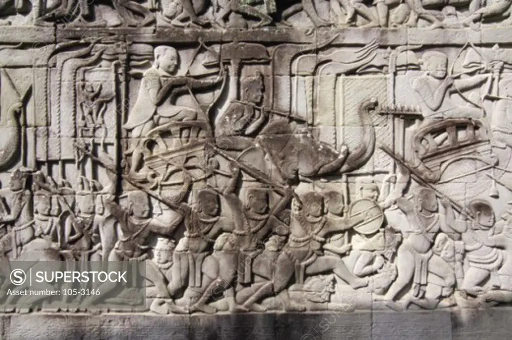 Close-up of carvings on a wall, Angkor Thom, Cambodia