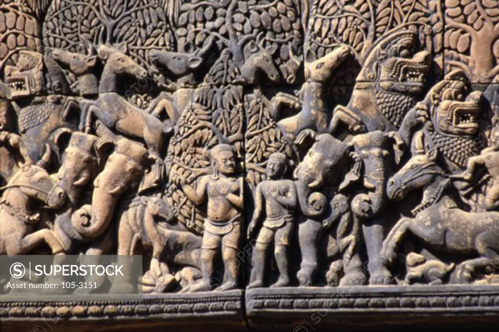 Close-up of carvings on a wall, Banteay Srei, Cambodia