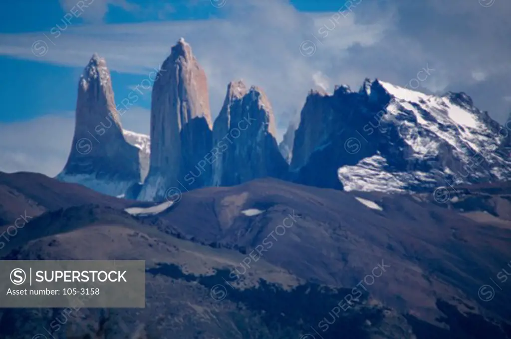 Low angle view of rock towers, Torres del Paine National Park, Chile