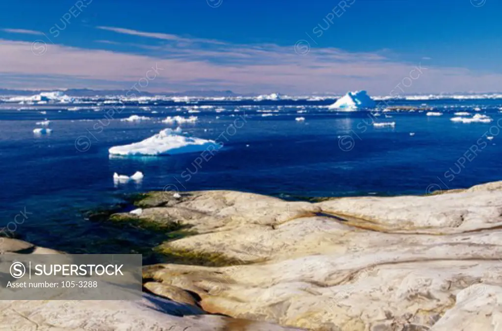 Icebergs on water, Disko Bay, Ilulissat, Greenland