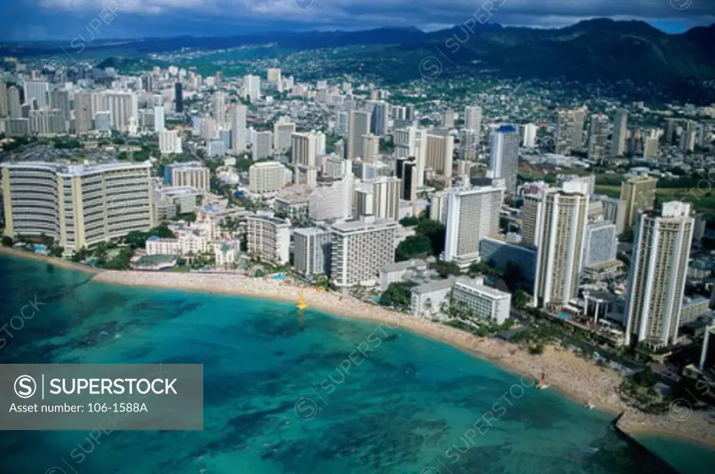 Aerial view of a city, Diamond Head, Waikiki Beach, Honolulu, Oahu, Hawaii, USA
