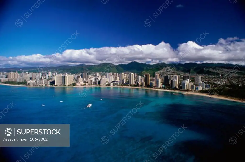 Aerial view of a city, Waikiki Beach, Honolulu, Oahu, Hawaii, USA