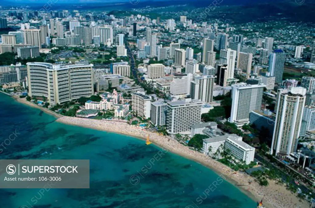 Aerial view of a city, Diamond Head, Waikiki Beach, Honolulu, Oahu, Hawaii, USA