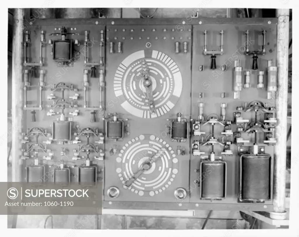 SWITCHBOARD FOR THE HOOKER TELESCOPE DOME DRIVE, SHOWING FACES OF THE MOTOR-DRIVEN RHEOSTATS AND AUTOMATIC SWITCHES.