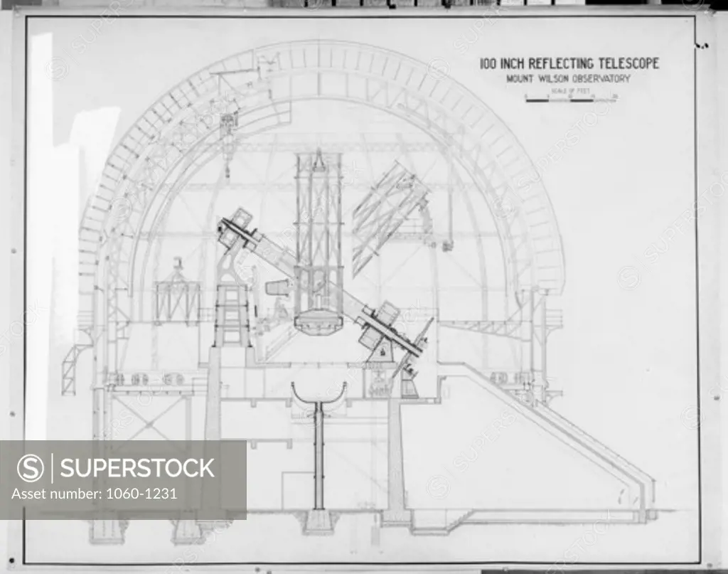 DRAWING SHOWING CROSS SECTION OF 100-INCH TELESCOPE DOME, PIER, & TELESCOPE.