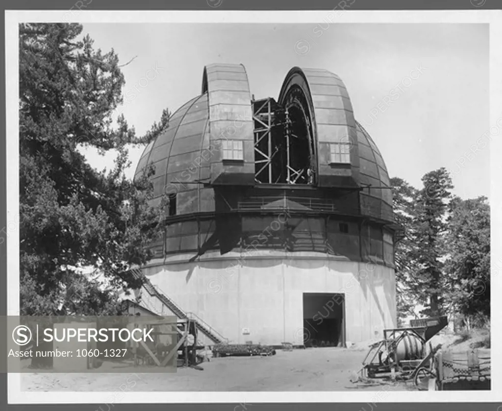 NEAR VIEW OF THE HOOKER TELESCOPE BUILDING AND DOME COMPLETED, EXCEPT THE OUTER BALCONY, SHOWING THE SHUTTER WIDE OPEN.  PHOTOGRAPHED FROM THE EAST.