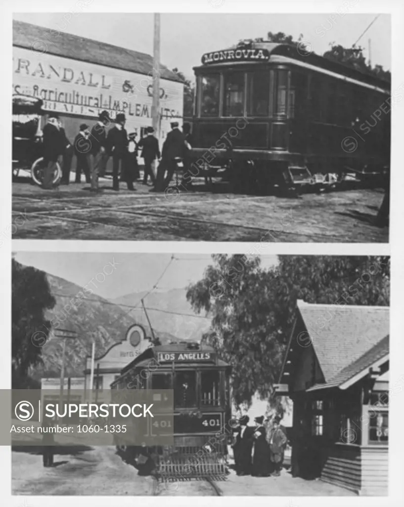 TOP IMAGE: ARRIVAL OF FIRST 'BIG RED CAR' IN MONROVIA, 1903.  BOTTOM: SIERRA MADRE RED LINE STATION ON BALDWIN AVENUE, 1906.