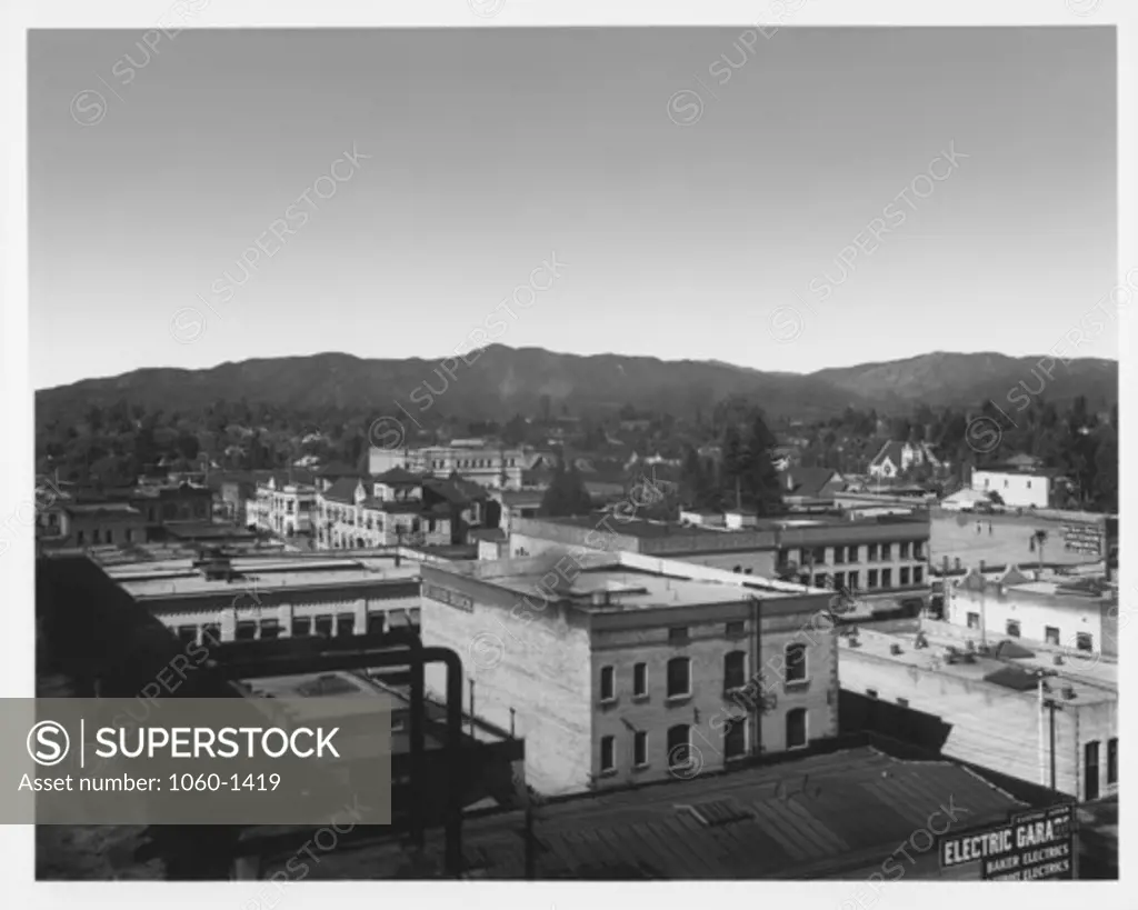 HISTORICAL VIEW OF PASADENA FROM CHAMBER OF COMMERCE:   ELECTRIC GARAGE; ST. LOUIS BLOCK; ADAMS, TURNER & STEVENS UNDERTAKERS; BOSTON DRY GOODS STORE.