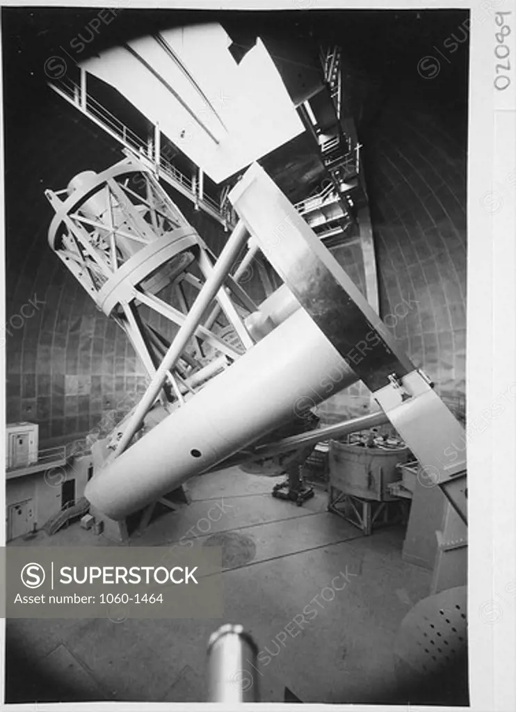 200-INCH TELESCOPE, OBLIQUE VIEW FROM THE WEST, SEEN FROM THE ELEVATOR PLATFORM; SHUTTERS OPEN.