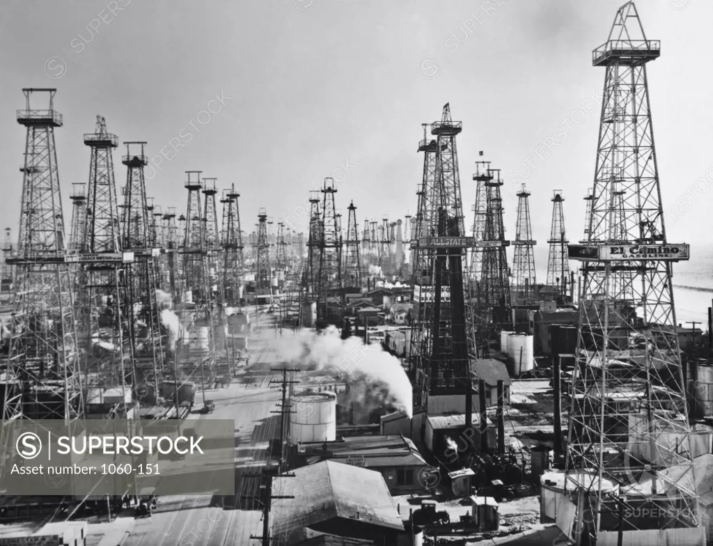 High angle view of oil wells, Los Angeles, California, USA