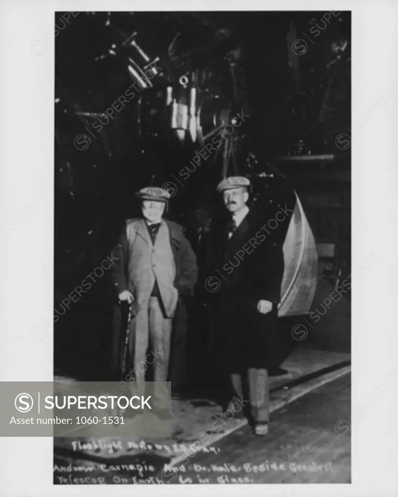 ANDREW CARNEGIE (L) & GEORGE HALE IN FRONT OF THE 60-INCH TELESCOPE.