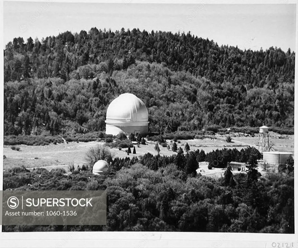 200-INCH TELESCOPE & 48-INCH SCHMIDT CAMERA DOMES; TELEPHOTO VIEW FROM HIGHPOINT.