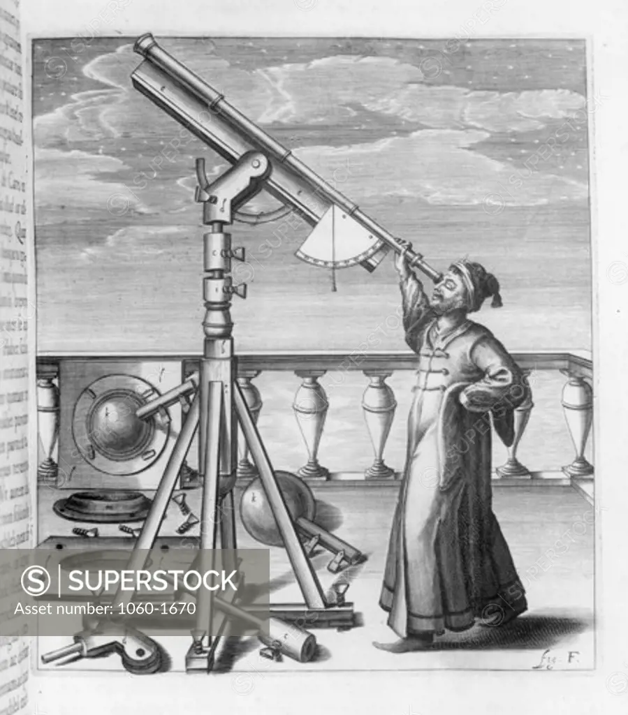 EARLY ASTRONOMER OBSERVING HEAVENS THROUGH INSTRUMENT.