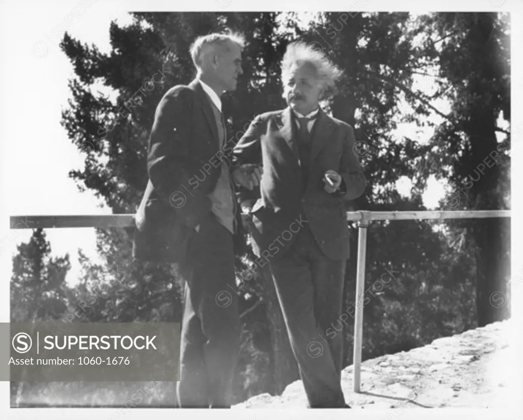 (L TO R): WALTER ADAMS & ALBERT EINSTEIN AT THE RAILING OUTSIDE THE MT. WILSON 'MONASTERY.'