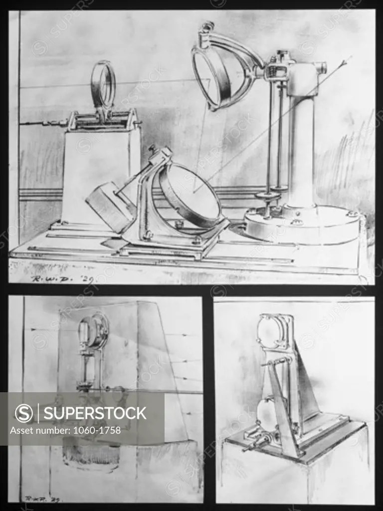 HALE'S SPECTROHELIOSCOPE, 3 VIEWS: COELOSTAT MIRRORS, SLITS & GRATING, AND 2 CONCAVE MIRRORS (RUSSELL W. PORTER DRAWINGS).