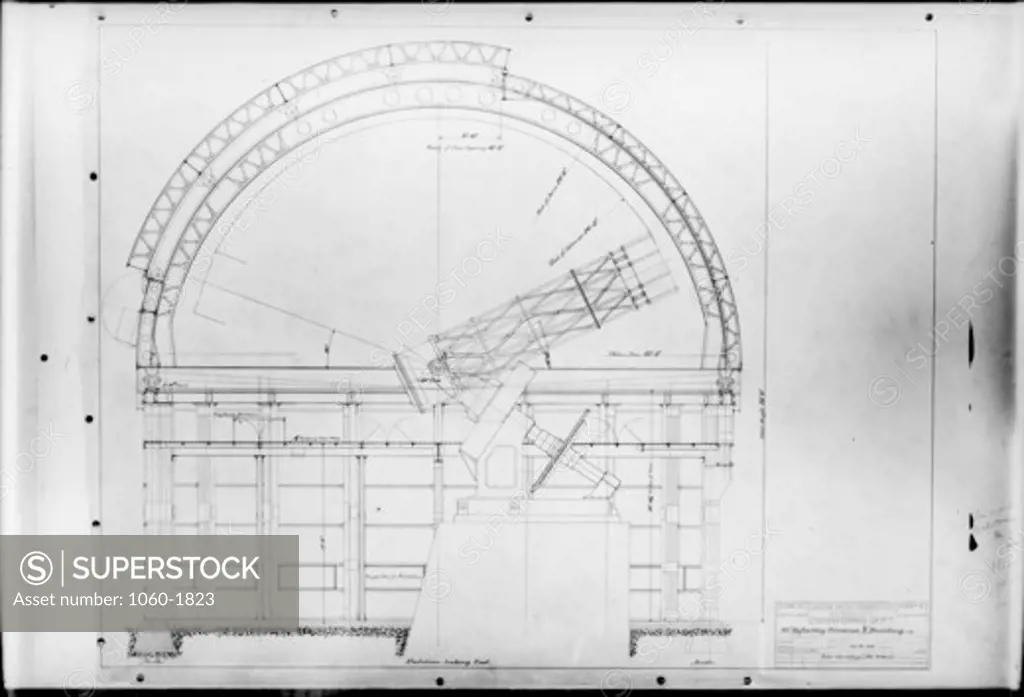 UNION IRON WORKS BLUEPRINT OF 60-INCH TELESCOPE AND DOME, LOOKING EAST.