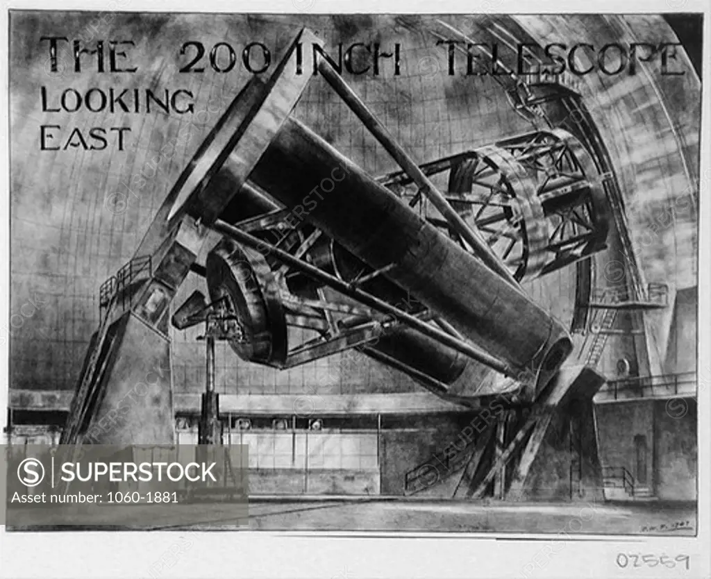 CUTAWAY DRAWINGS BY RUSSELL W. PORTER: THE 200-INCH TELESCOPE VIEWED FROM THE WEST, SHOWING CASSEGRAIN OBSERVING PLATFORM IN POSITION.