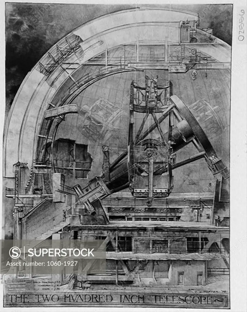 CUTAWAY DRAWINGS BY RUSSELL W. PORTER: SECTION THROUGH THE DOME SHOWING THE 200-INCH TELESCOPE.