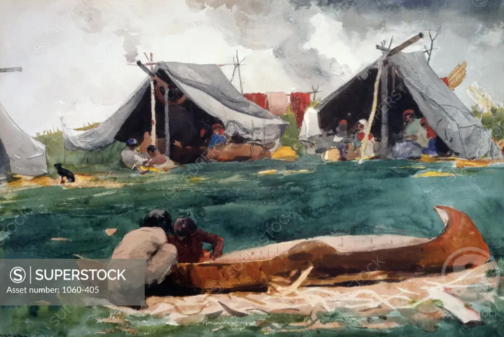 Indians Making Canoes by Winslow Homer,  watercolor,  (1836-1910),  USA,  California,  San Marino,  The Huntington Library,  Art Collections and Botanical Gardens