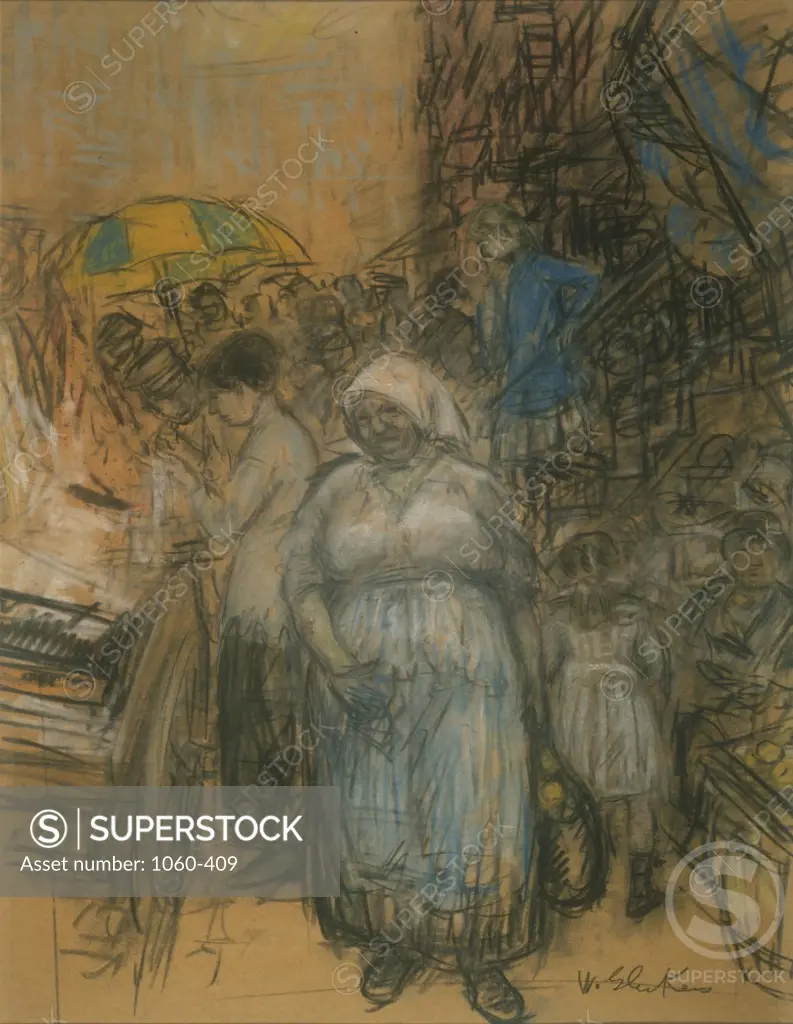 New York Street Scene with Vendors c. 1913, Pastel and Charcoal William James Glackens 1870-1938 American The Huntington Library, Art Collections, and Botanical Gardens, San Marino, California   