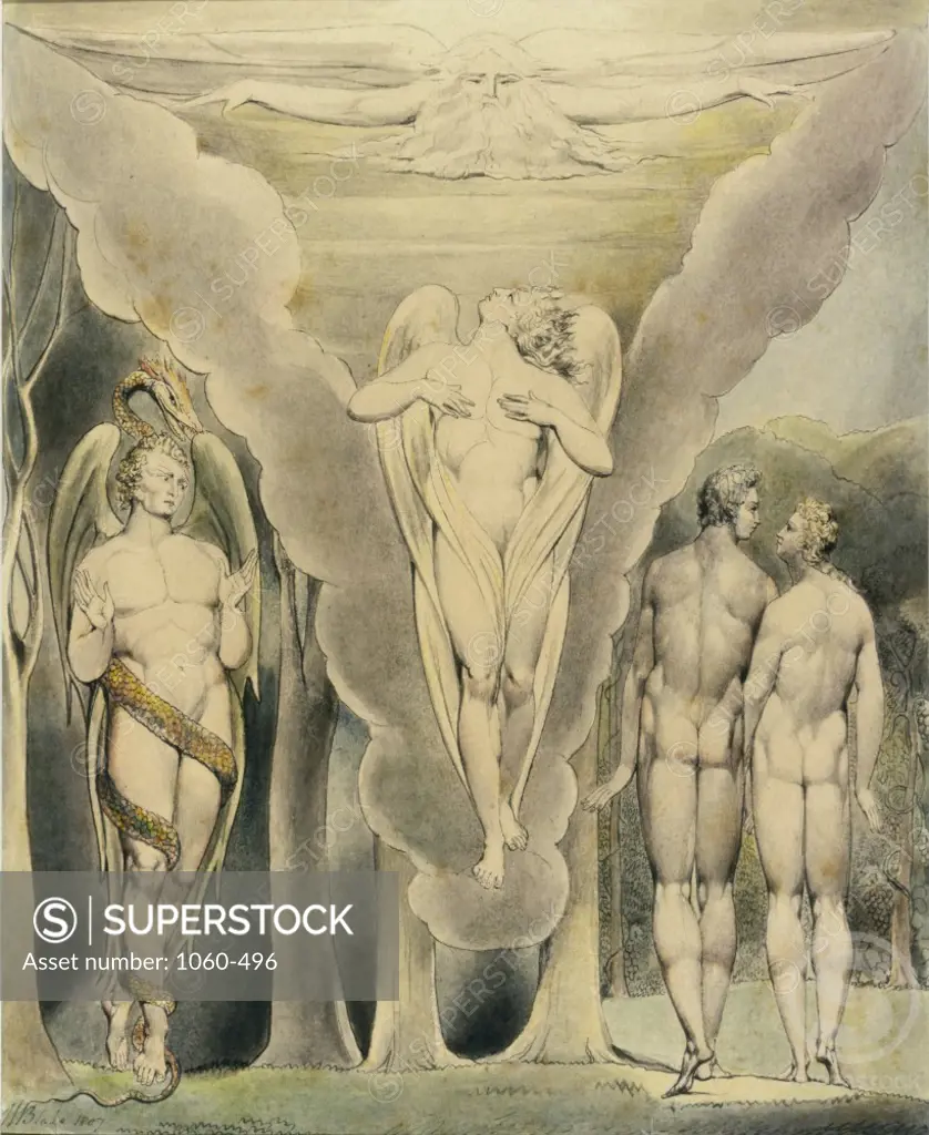 Satan Spying on Adam and Eve and Raphael's Descent into Paradise 1807   William Blake (1757-1827/British) Pen & watercolor 
