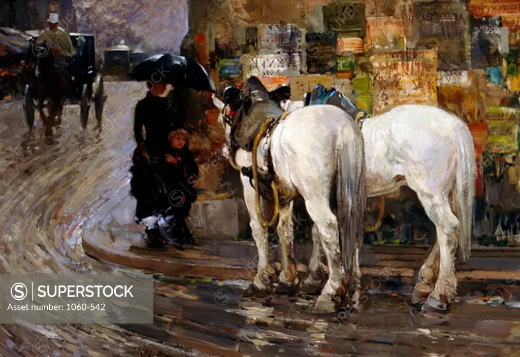 City life, woman standing with child on the corner, two horses in front