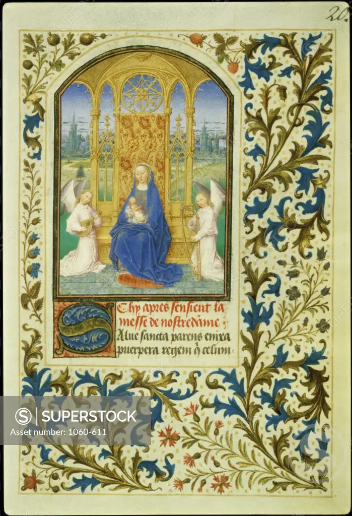 Virgin Enthroned between Angels: Book of Hours  c. 1450-1475  Simon Marmion (c. 1425-1489 French) Decorative vellum leaf  The Huntington Library, Art Collections, and Botanical Gardens, San Marino, California   