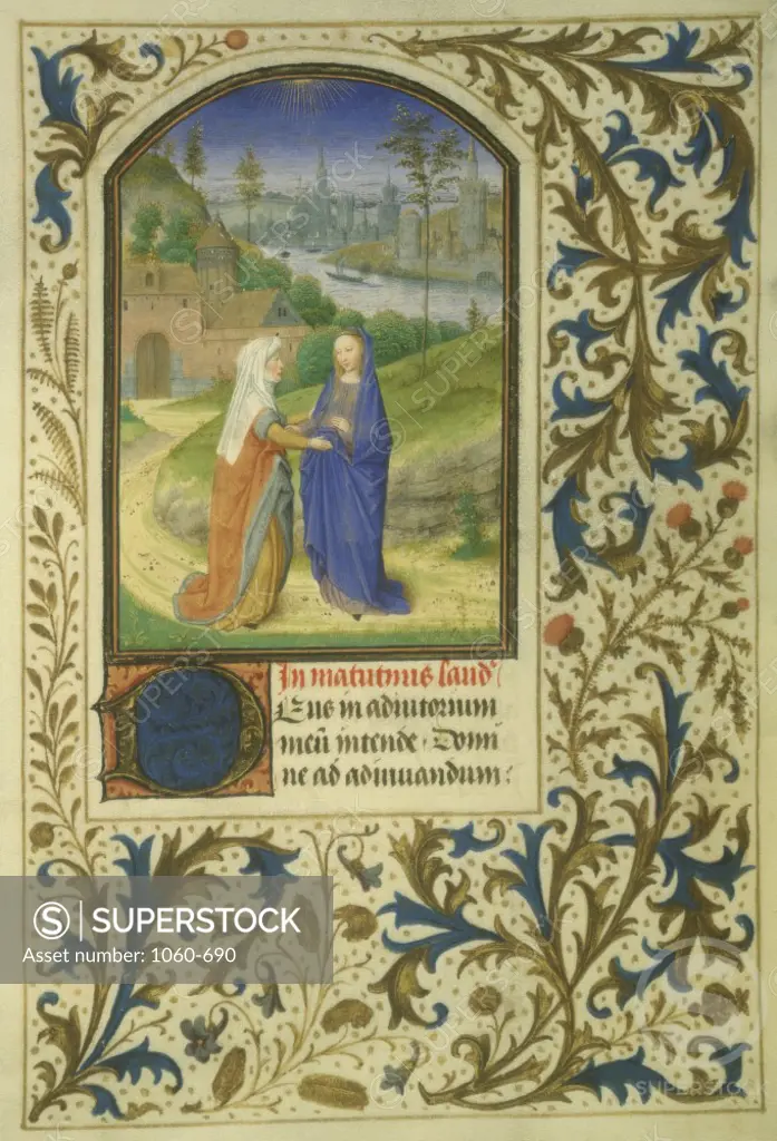 The Visitation  (Detail) from the Book of Hours  c. 1450-1475  Simon Marmion (c. 1425-1489/ French)  Decorated Vellum Leaf   Manuscript Illumination  The Huntington Library, Art Collections, and  Botanical Gardens, San Marino, California    