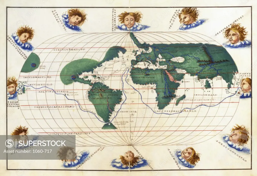 Oval Map of the World Showing Three Routes: North West Passage, Route from Spain to Peru  and Around  c. 1540  Giovanni Battista Agnese T The Huntington Library, Art Collections, and Botanical Gardens, San Marino, California    