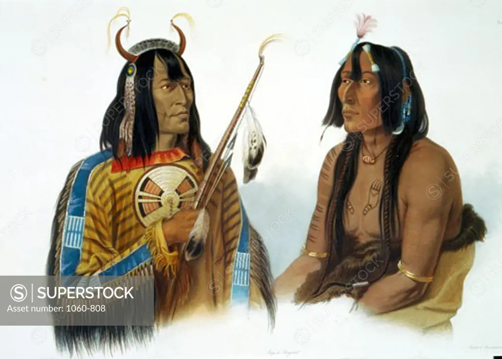 An Assiniboin Indian and a Yanktonan Indian, Illustration for Wied-Neuwied, Karl Bodmer (1809-1893 Swiss), The Huntington-San Marino, California