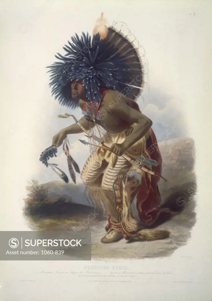 Moentiarri Warrior in Costume of the Dog Dance  Illustration in Wied-Neuwied  1843  Karl Bodmer (1809-1893/Swiss)  The Huntington Library, Art Collections, and Botanical Gardens, San Marino, California    