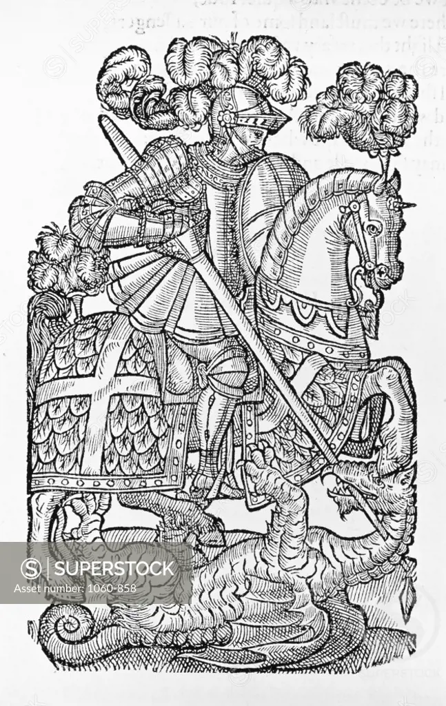 Red Crosse Knight Slaying the Dragon  Illustration from "The Fairie Queen" 1590  Edmund Spenser (1552-1599 British) Woodcut Print  The Huntington Library, Art Collections, and Botanical Gardens, San Marino, California   