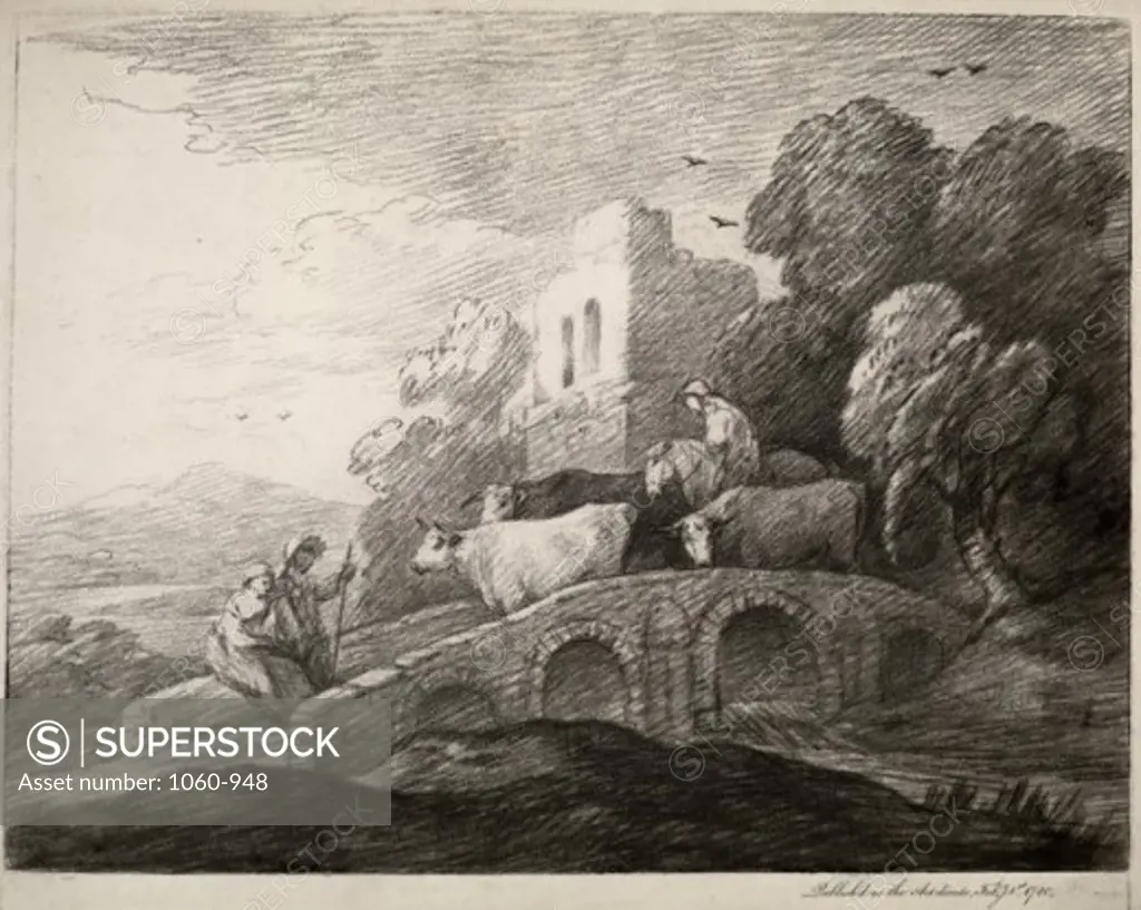 The Act Directs (Cattle On A Bridge-Castle Ruins) 1780 Thomas Gainsborough (1727-1788/British) Etching The Huntington Library, Art Collections and Botanical Gardens, San Marino, CA   