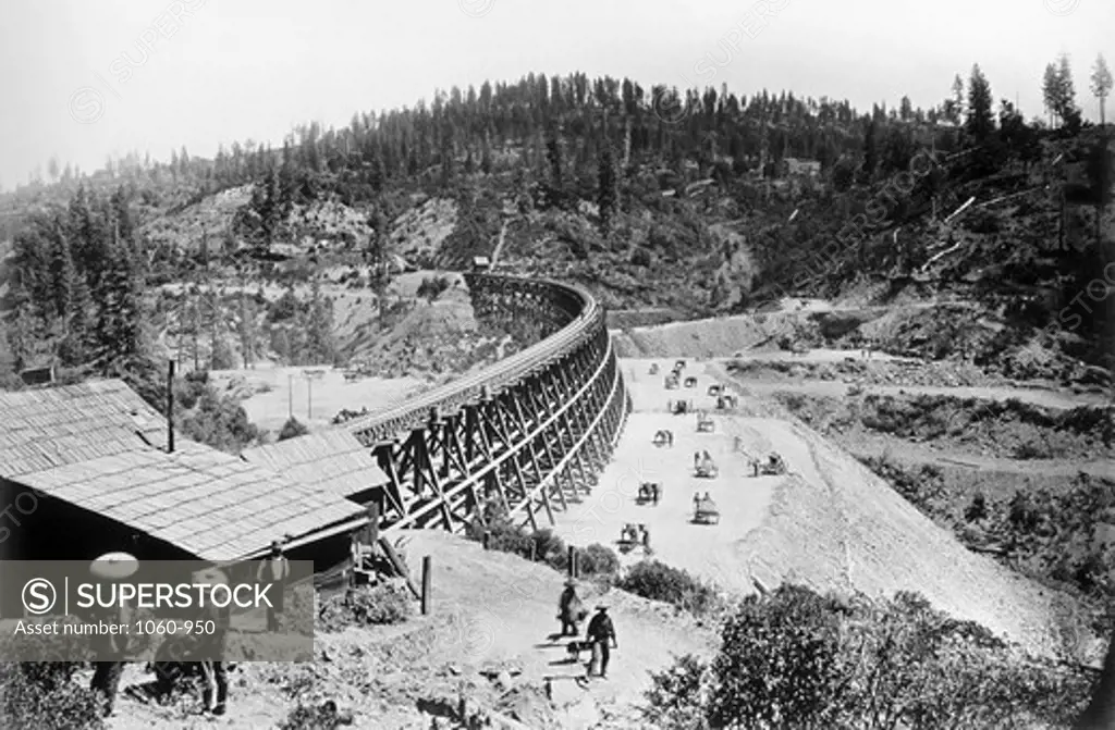 High angle view of workers constructing railroad track, Secrettown Trestle, Sacramento, California, USA, 1867