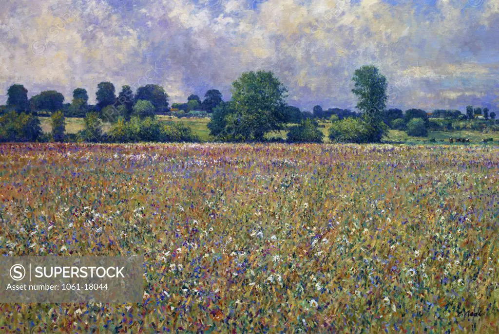 France,  Normandie,  Carmenil,  Summer Field Scene,  Farm L'Aumone by Charles Neal,  oil on canvas,  (b.1951)