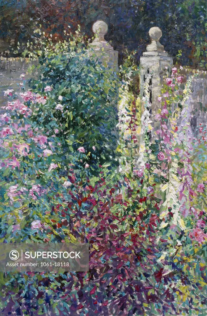 UK,  Cerney,  Ornamental Gate Woith Foxgloves and Roses,  Cerney House by Charles Neal,  b.1951 British