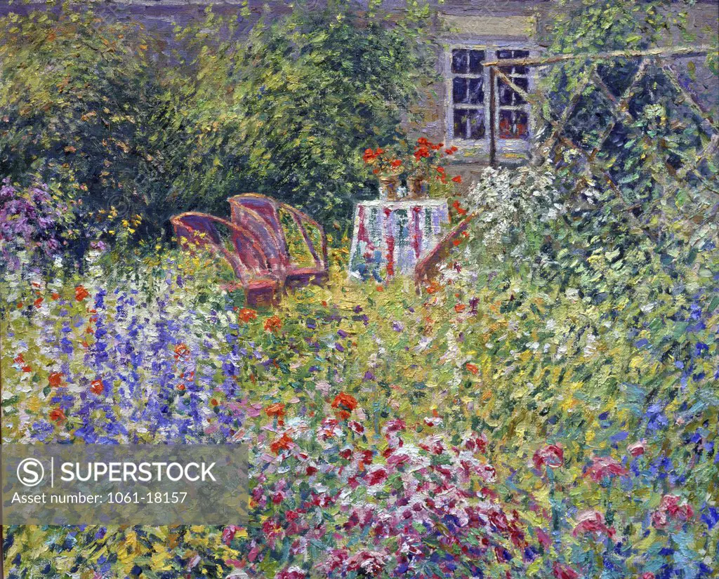 Border Composition with Garden Chairs, Lock Farm, Buscot, Oxfordshire (Afternoon, July) Charles Neal (b.1951/British) Oil on canvas