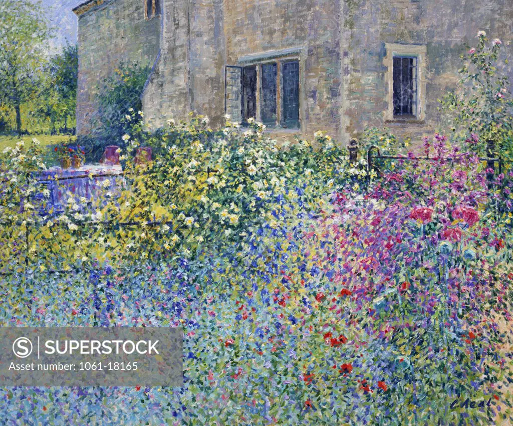 UK,  Oxfordshire,  Buscot,  Scabious,  Lock Farm (Morning,  June) by Charles Neal,  oil on canvas,  b.1951 British