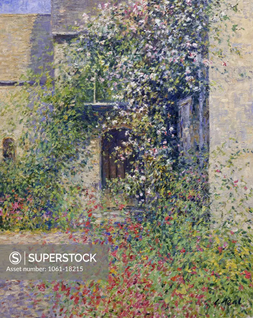 Oxfordshire,  Buscot,  Lock Farm,  Porch with Roses (Morning,  July) by Charles Neal,  oil on canvas,  (b.1951)