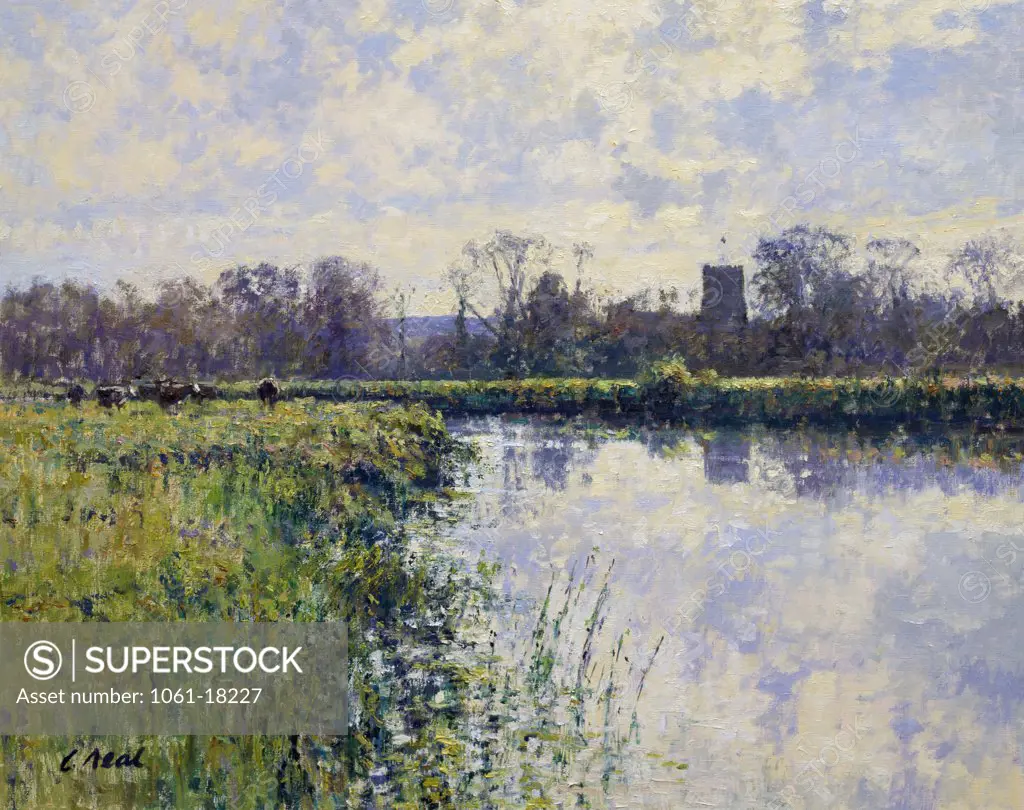 View to Buscot Church From Water Meadow (Morning,  November) by Charles Neal,  oil on canvas,  (b.1951)