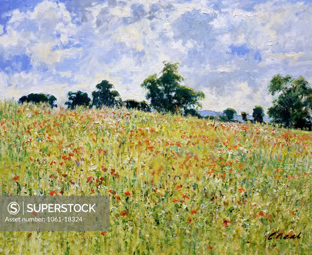 Field of Poppies, Near Bagendon, Gloucestershire (I) 2003 Charles Neal (b.1951 British) Oil on panel