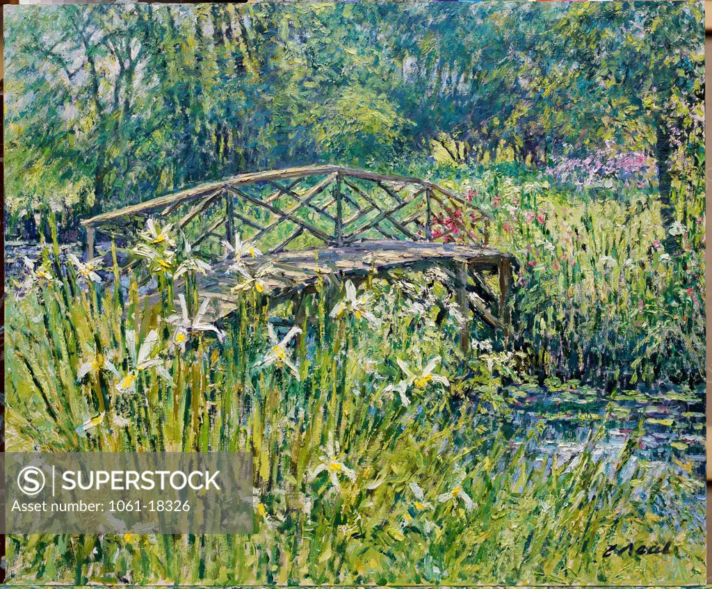 The Japanese Bridge with Irises, Byfleet Manor, Surrey (I) 2003 Charles Neal (b.1951 British) Oil on panel