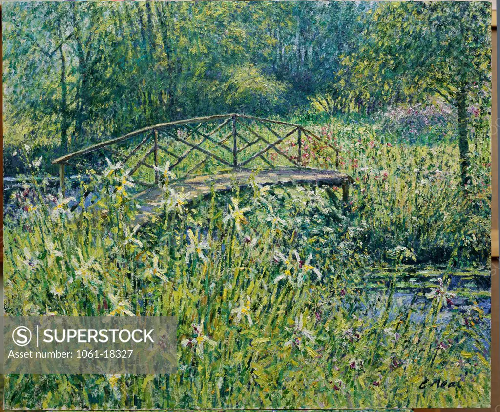 The Japanese Bridge with Irises, Byfleet Manor, Surrey (II) 2003 Charles Neal (b.1951 British) Oil on canvas