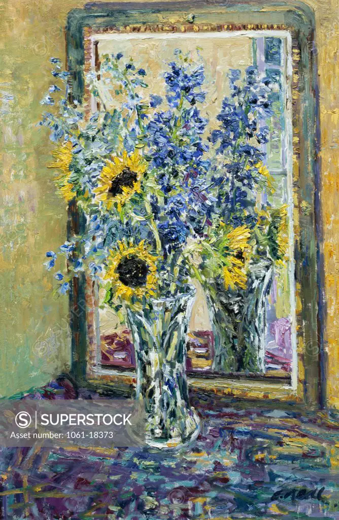Arrangement With Sun Flowers And Edwardian Mirror. The Artist's Garden House. Charles Neal (b.1951 British) Oil On Panel