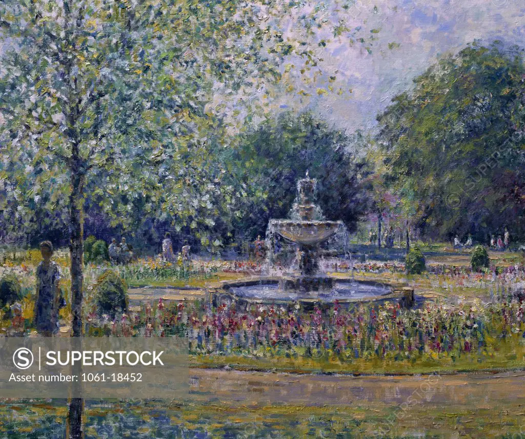 England,  Gloucesrtershire,  The Ornamental Fountain in Sandford Park,  by Charles Neal,  b.1951 British,  oil on canvas,  20th century