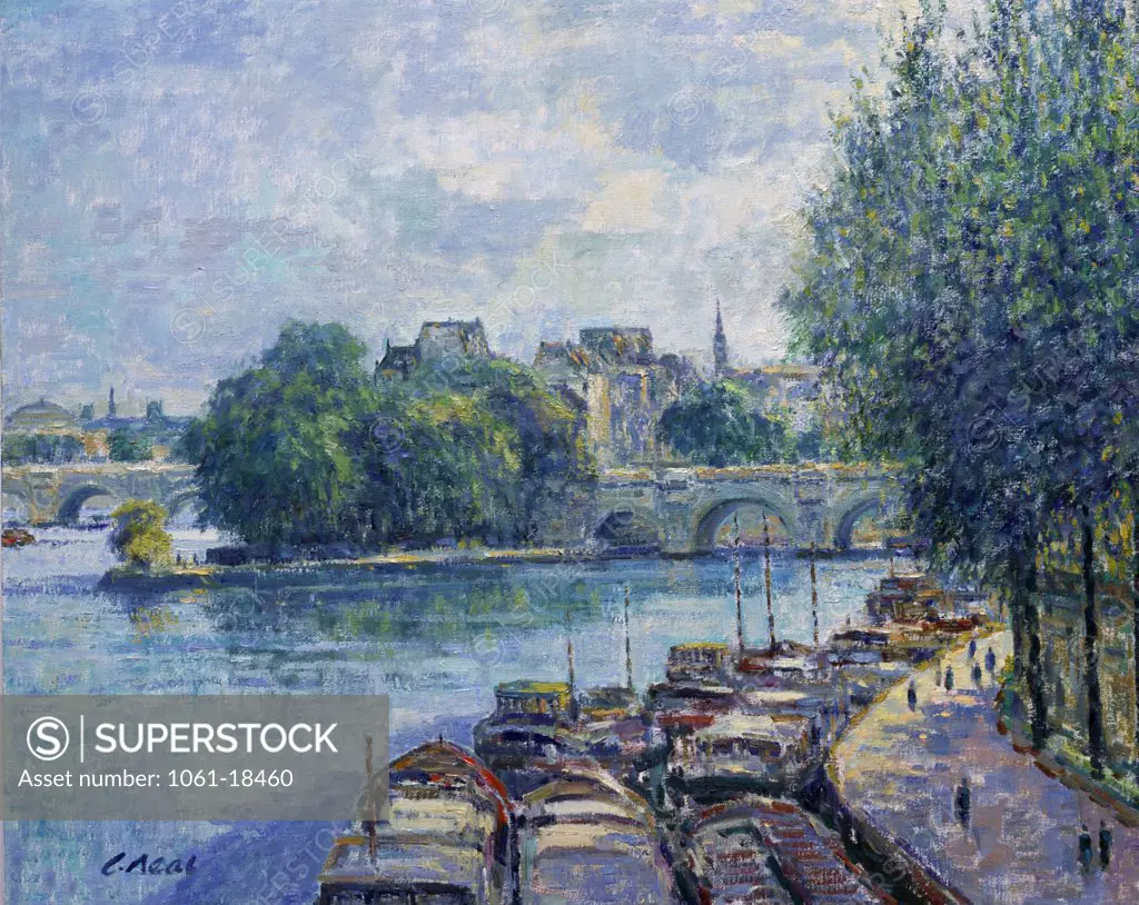 France,  Paris,  View to de la Cite,  Pont des Art,  by Charles Neal,  b.1951 British,  oil on canvas,  20th century